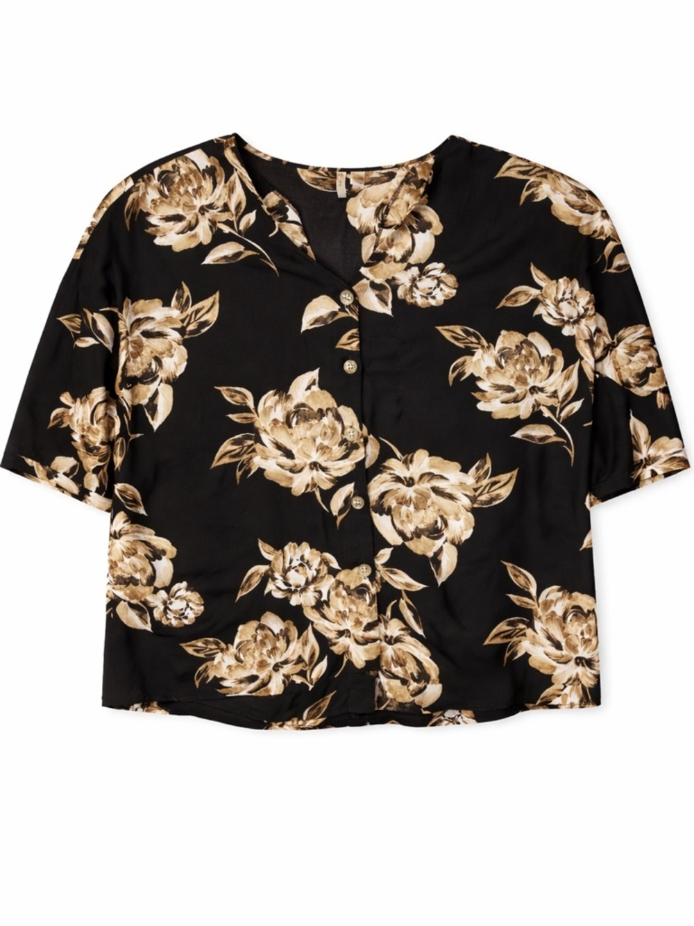 Plus Size 18/20W Black Floral Blouse Gold Beige Flowy Button Front Top - Picture 4 of 11